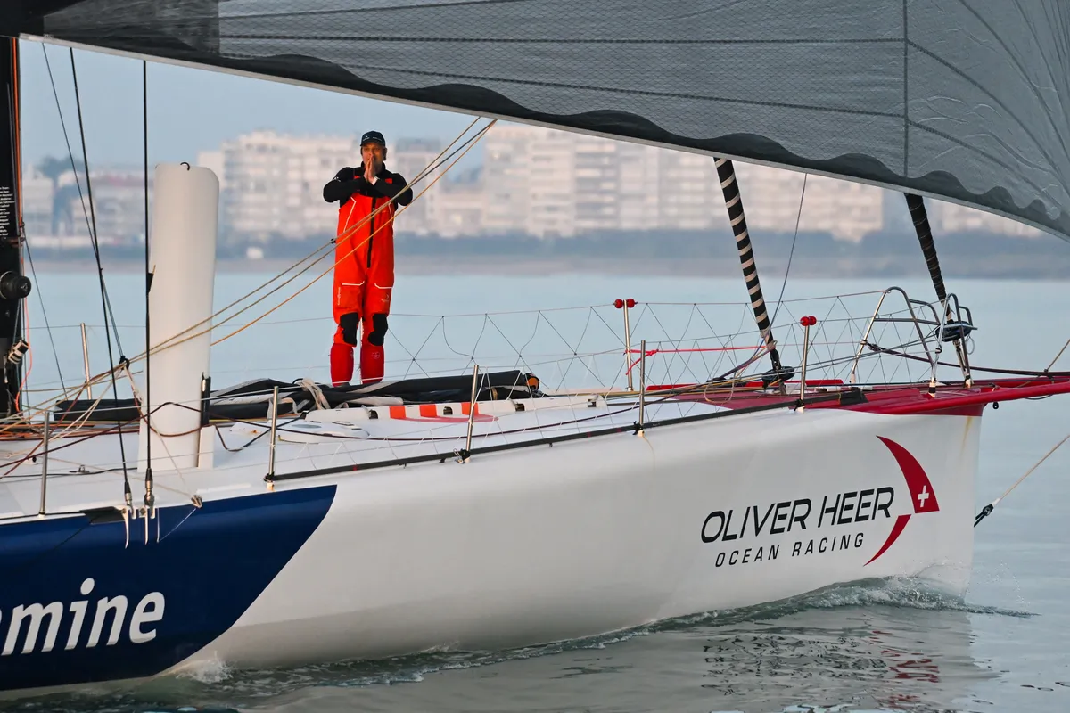 LES SABLES D’OLONNE, FRANCE - FEBRUARY 17, 2025 : Tut Gut. Sailing skipper Oliver Heer (SUI) is celebrating taking 29th place in the Vendee Globe under a very calm weather, on February 17, 2025 in Les Sables d'Olonne, France - (Photo by Vincent Curutchet / Alea)
